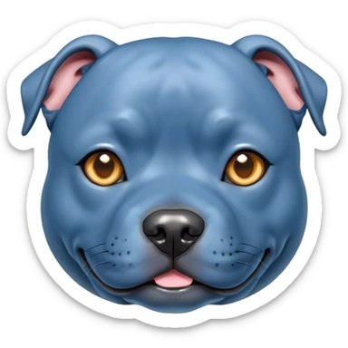 Cinematic Cute Blue Staffordshire Bull Terrier Portrait Emoji, Head tilted playfully and inquisitively, featuring a glossy blue Fur with a healthy sheen, round, sparkling dark eyes filled with curiosity, Simplified yet irresistibly adorable features, highly detailed, glowing with a warm, friendly glow, high shine, affectionate and spirited, stylized with a touch of whimsy, bright and endearing, soft glowing outline, capturing the essence of a mischievous yet loving pup, so playful it feels like it could bound out of the screen and into your arms! sticker