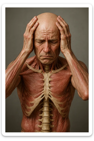CORPO UMANO ANATOMICO con spina dorsale in evidenza, molto stanca e stressata mentre si tiene le mani sulla testa, IPERREALISTICO 4K sticker