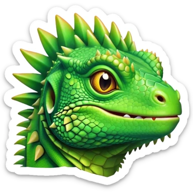 Cinematic Cute Iguana Portrait Emoji, Head tilted playfully and inquisitively, featuring a delightfully vibrant, textured body with a subtle spiky crest and large, sparkling eyes full of gentle wonder, Simplified yet irresistibly adorable features, highly detailed, glowing with a warm, inviting jungle glow, high shine, affectionate and lively, stylized with a touch of whimsical reptilian charm, soft glowing outline, capturing the essence of a mischievous yet loving iguana that seems as if it could scurry out of the screen into your arms! sticker