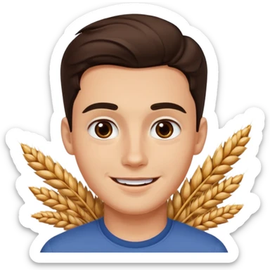 portrait of a young man with a square face, pronounced jawline, thick dark eyebrows, hazel almond-shaped eyes, full lips, wheat skin tone, dark brown wavy hair, happy smile sticker