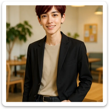 a slender person with dark red hair and brown eyes, friendly expression, modern outfit sticker