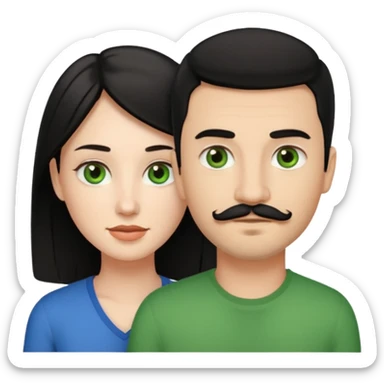 A girl with green eyes and black hair with her boyfriend with light brown eyes and light brown hair and the boyfriend has a goatee and mustache sticker