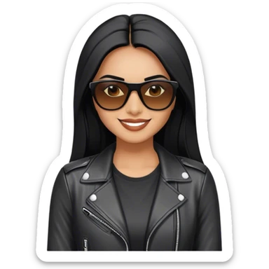 beautiful fit woman, with long straight black hair, with make up, black eye liner, smile mooth close, mexican, brown skin, wearing white tee, wearing leather black jacket, solar black wayfarer on the tip of the nose sticker