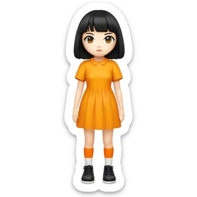 “A full-body emoji-style illustration of the Squid Game doll, designed in the aesthetic of iPhone emojis. The doll has a round face, short black hair with bangs, and wears an orange dress with a yellow shirt underneath. Her legs are covered with white socks, and she wears black shoes. She stands upright with a neutral but slightly eerie expression. The style is clean, simple, and polished, resembling Apple’s emoji set with smooth gradients and minimal shading. The background is plain or slightly blurred to keep the focus on the character.” sticker