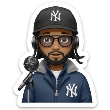 African American man with shoulder length black dreadlocks with black beard wearing black sunglasses wearing a New York Yankees logo baseball cap wearing a black bubble winter coat wearing headphones rapping into recording studio microphone with a mic cover sticker