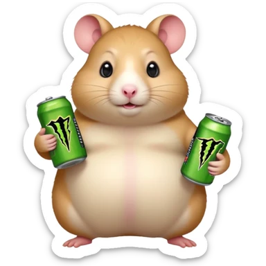 Funny cartoon-style fat hamster wide eyed like a crackhead holding a can of monster energy in one hand and redbull in the other hand sticker