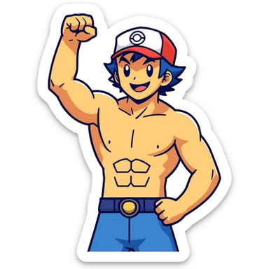 Hot handsome bara style  muscular 6ft 5inch tall smiling happy fun shirtless Ash Ketchum and friends, one fist raised in celebration  sticker