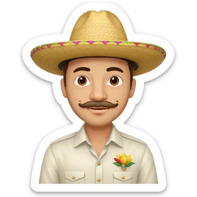 A happy, light skinned, Colombian man, with a small not connected mustache, a small gotee, wearing a Colombian Sombrero Voltiao, and wearing a white dress shirt sticker