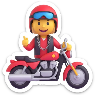 3D smiley emoji, round shape, motorcyclist with chain: holding chain, wearing helmet, funny face sticker