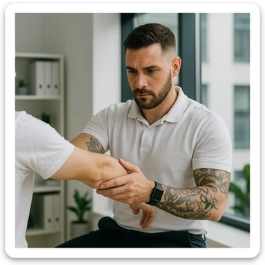 realistic kinesiologist wearing a short-sleeve white shirt with visible tattoos on arms and a dark wristwatch, performing a kinesiological assessment on a patient wearing a white t-shirt in a modern clinical environment, professional details, inspired by reference photo https://attic.sh/r66tucayi7ewfjges2vhulor9bux sticker