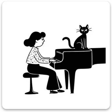 woman playing piano while her cat sits on top of the piano sticker