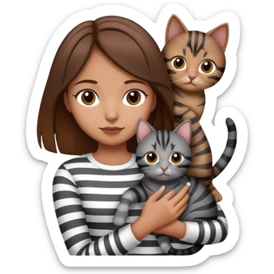 tan brown hair girl holding two black and grey striped cats sticker