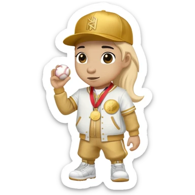 anthropomorphised horse in a hip-hop outfit, wearing a gold medal and a baseball hat sticker