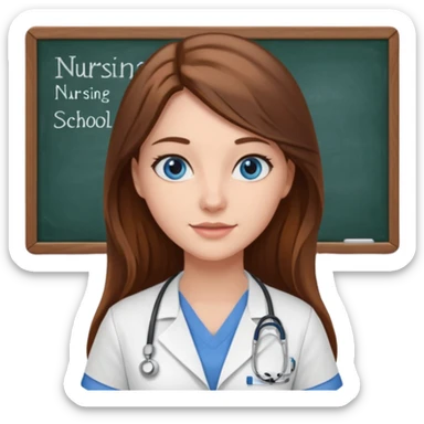 university classroom that says nursing school on the blackboard with a pretty female nursing student with long brown hair, blue eyes sticker