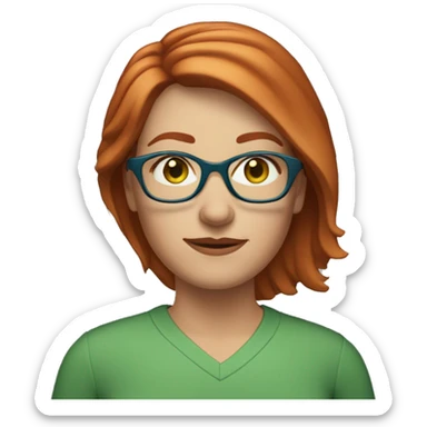 Middle age Caucasian woman with choppy straight chin-length highlighted red hair and blue eyes and green glasses sticker