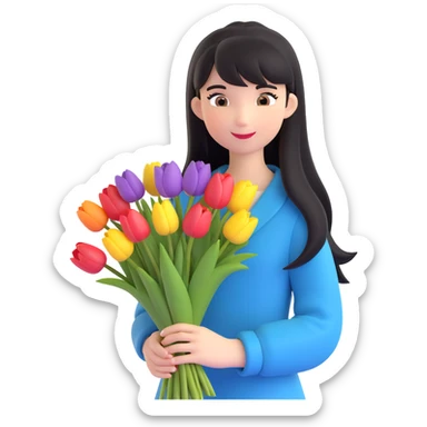 girl with long black hair and thin bangs, picking a bouquet of tulips in the garden sticker