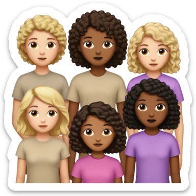 group of people  together ; men and women with one with brown straight hair one with blonde hair and one with black curly hair- short hair, long hair and curly hair wearing beige shirts aesthetic no collar, brown people, white people, black people sticker