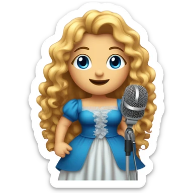 blue eyed long golden curly haired chubby girl on stage talking to a microfon with fancy outfit sticker