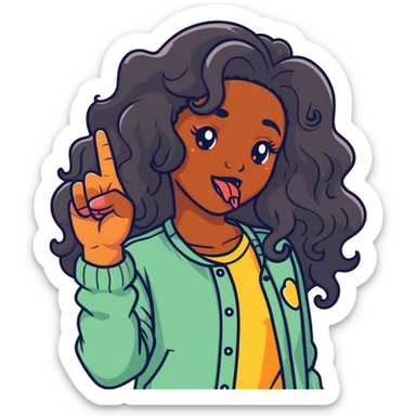 A girl with dark skin and long curly hair having her tongue out pointing the middle finger sticker