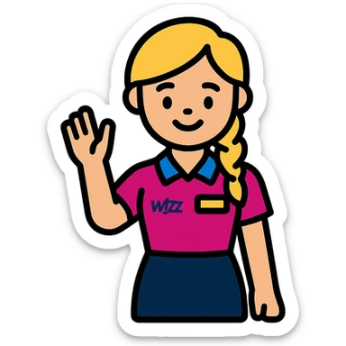 flat cartoon emoji of a smiling Wizz Air flight attendant, blonde side braid, vivid pink and blue uniform, navy skirt, name tag, upright and waving, actual colors from reference photo for uniform, hair, and skin, transparent background, stylized and welcoming sticker