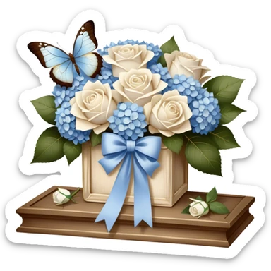 An antique wooden windowsill adorned with an elegant arrangement of white roses and soft blue hydrangeas. A silk bow in muted beige is loosely tied around the bouquet, while a translucent butterfly with pearlescent wings delicately lands on the petals. sticker
