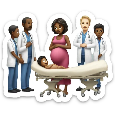 a pregnant woman gives birth and doctors stand nearby sticker