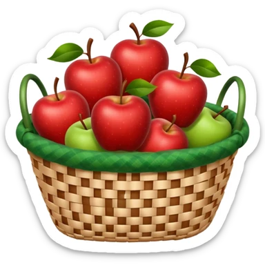 woven basket with apples and white checkered cloth, green sticker