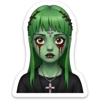 Zumbi verde com olhos castanhos aspecto de que tá sangrando, uma franja reta um piercing do lado esquerdo do nariz, roupa preta e crucifixo como colar, e também delineador sticker