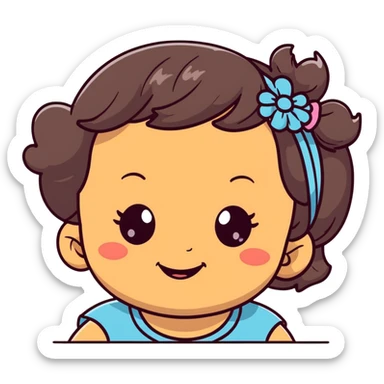 close-up of smiling toddler face only with big eyes, medium skin tone, dark wavy hair, and a hair band, no body sticker