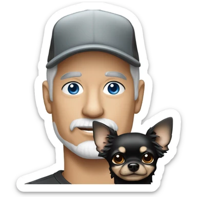 Handsome older man with blue eyes and gray goatee wearing baseball cap holding all black long haired chihuahua sticker