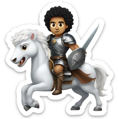 Muscular white guy with curly black hair riding a fierce bird with armor sticker