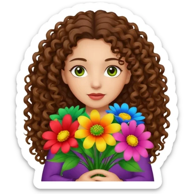light skinned brunette long curly haired girl with green/hazel eyes holding big bright bunch of flowers. White background. sticker