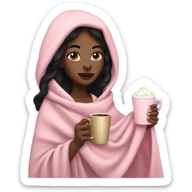 Lightkskin woman  with black hair, in pink blanket drinking hot cocoa  sticker