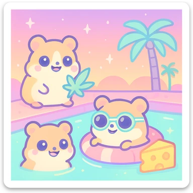 Discord server icon, square, super cute pool party at sunset with up to 3 hamsters, weed, cheese, THC theme, no disco ball, synthwave style, pastel neon colors, dreamy gradients, sparkles, nostalgic, fun, inviting, summer party vibe, clear composition sticker