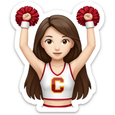 skinny white happy long haired brunette girl in a white USC cheerleader outfit with the letters USC sticker