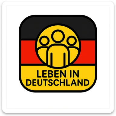 modern friendly mobile app icon for 'Leben in Deutschland' featuring German flag colors black red gold with subtle symbol of community integration sticker