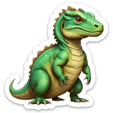 Cinematic Noble Komodo Dragon Lizard Portrait Emoji, Poised and regal, with a rugged, scaled body and powerful stance, deep-set intense eyes and textured, weathered skin, Simplified yet sharp and sophisticated features, highly detailed, glowing with a soft, ancient glow, high shine, intelligent and formidable, stylized with an air of primordial authority, focused and commanding, soft glowing outline, capturing the essence of a watchful and confident guardian that appears ready to stride out of the screen with timeless power! sticker