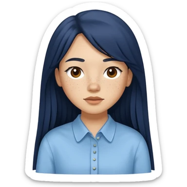hair : black long hair with fringe 
skin : light with freckle
cloth : oversize light blue shirt + navy long long skirt 
 sticker