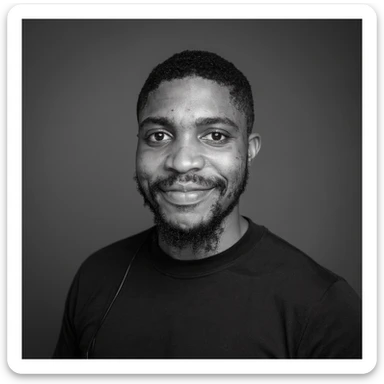 A professional portrait of me in monochrome. Plain black crew neck shirt. Tailored to LinkedIn. Tech boy vibe (programmer). I’m a black man from Nigeria. Retain facial features from attached image. Smooth skin. No accessories. sticker