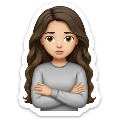 Hispanic light tan girl with long dark wavy hair pouting and arms folded. Wearing a long sleeve. Hair with middle part. sticker