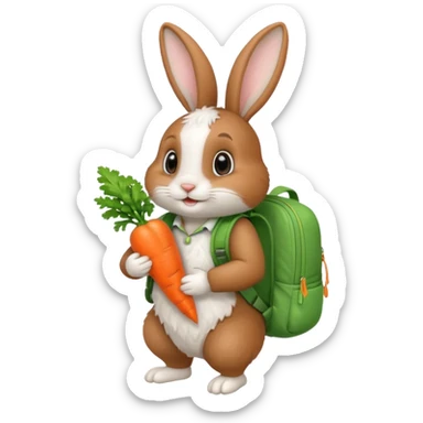 A brown & white, bunny with a green backpack, holding a carrot sticker
