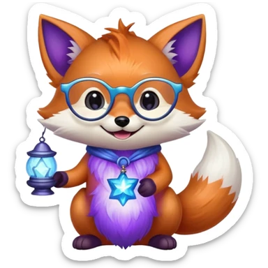A small magical fox with shimmering purple and blue fur, a glowing fluffy tail, a silver star on its forehead, and round glasses, holding a tiny magical lantern, laughing with tears of joy in its eyes. 🦊😂 sticker