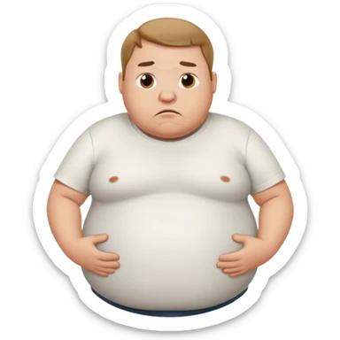 a cartoon fat man holding his stomach wearing t shirt, while looking confused?  sticker