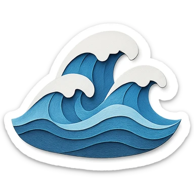 illustration of ocean waves made of layered blue paper with white foam accents in paper-craft style sticker