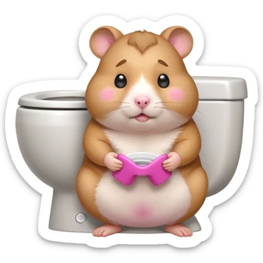 Cute chubby cartoon-style hamster sitting on toilet pooping looking guilty sticker