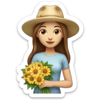 white skin, Girl with a hat, brown hair straight to the shoulders, holding a bouquet of flowers sticker