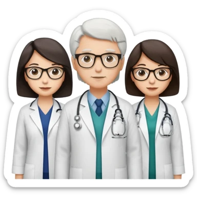 Four doctors standing together:

a female doctor with dark-colored short bob hair,

a young male doctor,

an older male doctor with white hair wearing glasses,

and a female doctor wearing glasses. sticker