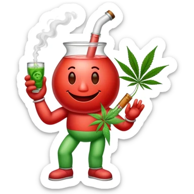 Kool-Aid Man character with legs smoking a bong with cannabis leaf nearby sticker