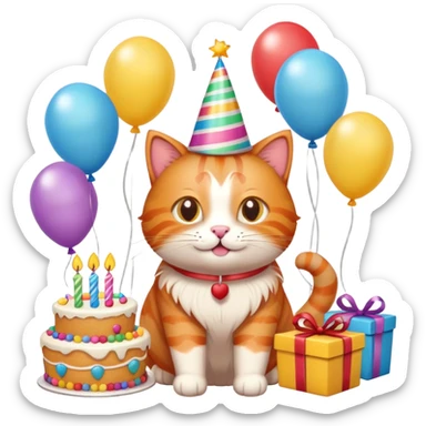 Ginger cat celebrates birthday, birthday hat, birthday cake, balloons, happy, gifts sticker