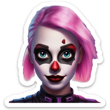 Synthwave programmer in Harley Quinn style, oil paint, mysterious eyes, intricate lips, masterpiece portrait, odd perspective, beautiful, desirable, logical sticker